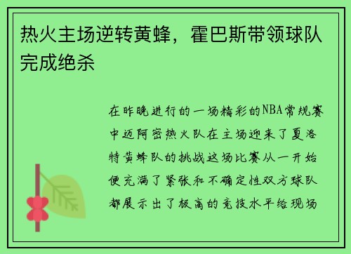 热火主场逆转黄蜂，霍巴斯带领球队完成绝杀