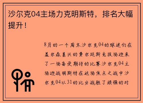 沙尔克04主场力克明斯特,排名大幅提升! 沙尔克04主场力克明斯特,排名大幅提升!
